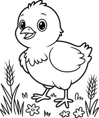 Cute baby chick coloring page, happy cartoon chicken line art illustration for kids, farm animal black and white drawing