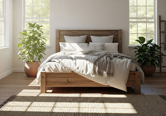 Sunlit bedroom interior with a comfortable wooden bed, fresh white linen, two green potted plants, and a woven rug, offering a peaceful and cozy home ambiance.