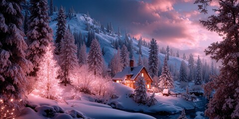 Cozy cabin glowing in the snowy mountains beneath a dreamy pink sunset. Surrounded by pine trees and twinkling lights, this serene winter scene captures warmth, peace, and holiday magic.
