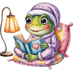 Pajama Reading Time - funny frog clipart design, Cute Amphibian animal, Entertaining Frog illustration, Happy Frog design sublimation

