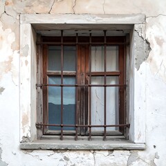 An aged wooden window with iron bars and peeling plaster surrounding it