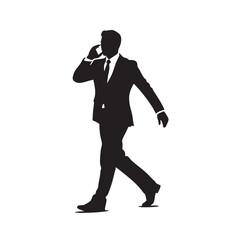 Businessman Walking Talking on Mobile Phone Profile Silhouette Professional Male Executive Commuting Vector Illustration Black and White Graphic