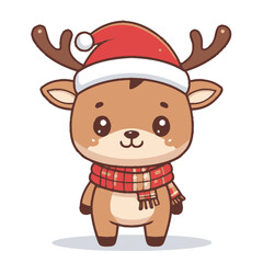 Cute Christmas Reindeer in Santa Hat and Scarf Illustration