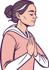 Vector illustration of a young woman meditating with folded hands, eyes closed, and peaceful expression &mdash; symbolizing mindfulness, yoga, spirituality, calmness, and inner balance.