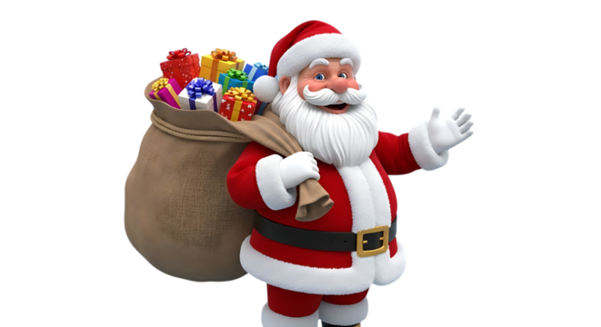 Cheerful Santa Claus delivers gifts waving with a sack full of colorful presents