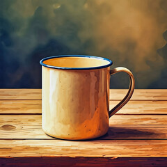 Rustic old metal mug on wooden table - cozy kitchen scene
