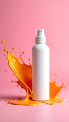 White bottle with vibrant yellow splash on pink backdrop