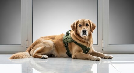 Golden Retriever dog relaxing by a window indoors with gentle expression