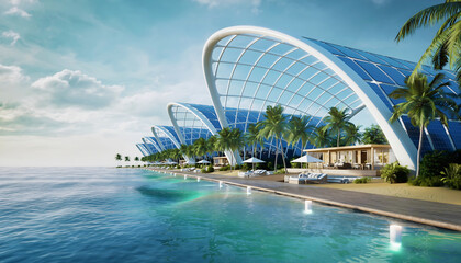 Futuristic eco-beach resort powered by solar domes.