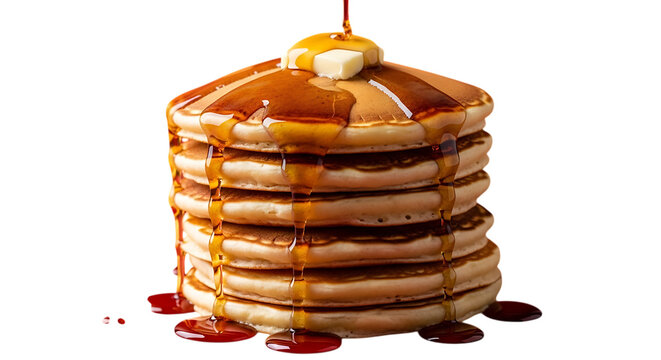 Stack of delicious pancakes dripping with syrup and melting butter, breakfast time