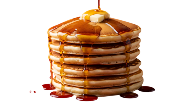 Stack of delicious pancakes dripping with syrup and melting butter, breakfast time