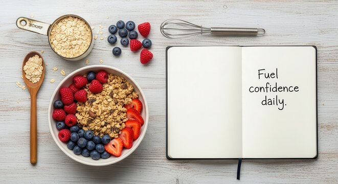 Healthy Breakfast Bowl with Berries and Oats on a White Wooden Table