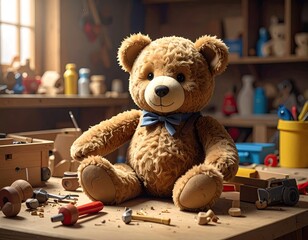 Plush teddy bear sitting amid woodworking tools