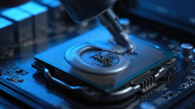 Application of Thermal Paste to CPU on Motherboard with Blue Lighting Emphasizing the Silver Compound and Detail of Components