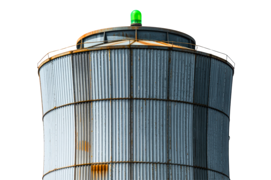 Rusty industrial corrugated metal silo with a green beacon isolated with transparent background