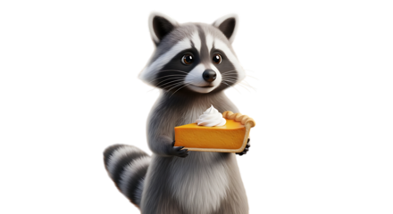 Cute raccoon holding pumpkin pie slice with whipped cream for Thanksgiving feast