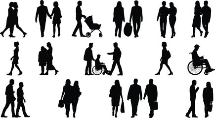 Collection of fifteen black silhouettes of people walking, families, couples, and wheelchair users, diverse human life illustration set
