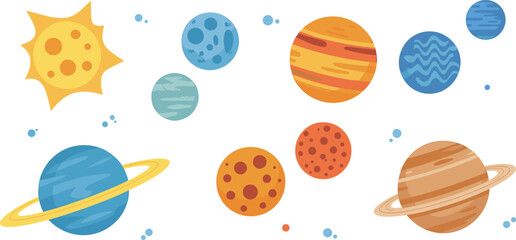 Colorful cartoon illustration of solar system planets and sun, educational space vector for kids learning astronomy and science background