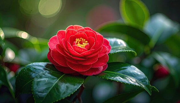 Close up macro shot of a vibrant red camellia flower with water droplets glistening on its petals under soft natural light in a lush green garden.