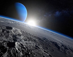 Distant blue planet rising over a cratered, grey moon