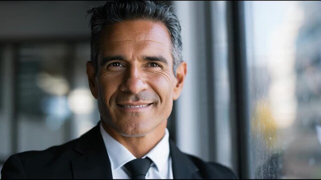 Mature Executive Looking Out Office Window. Successful Businessman Contemplating Future Strategy and Vision.
