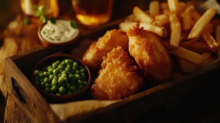 Close up shot of British Fish and Chips served on wooden tray