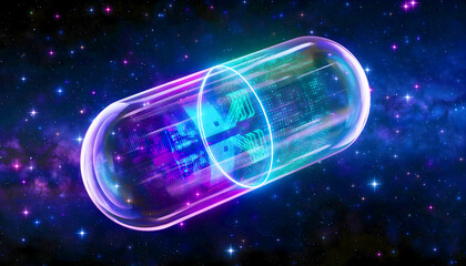 Futuristic neon pill capsule glowing in the dark.