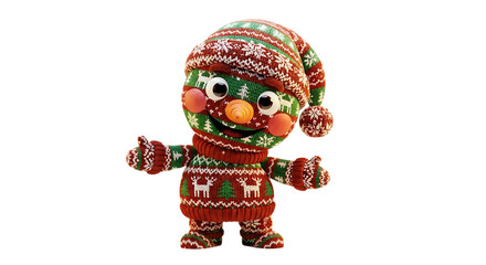 Festive holiday character spreads joy with knitted textures and seasonal cheer