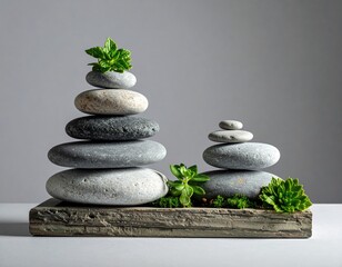 Stacked stones with green leaves, minimalist calming zen