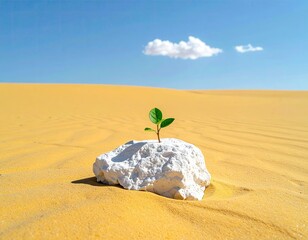 Plant on rock, desert dunes, blue sky, single cloud
