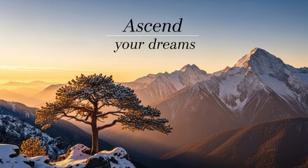 A solitary tree on a snowy mountain with bright sunrise