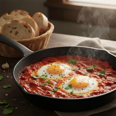 Iron pan with bubbling tomato and eggs Middle Eastern Shakshuka