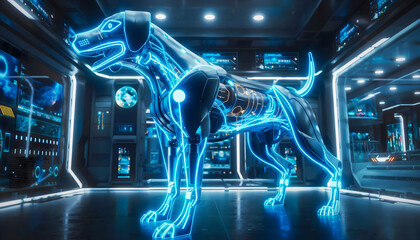 Futuristic robot dog glowing with neon blue lines