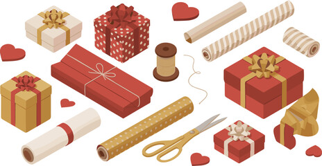 Isometric 3D illustration of gift wrapping materials with boxes, ribbons, wrapping paper, scissors, thread, and decorative hearts