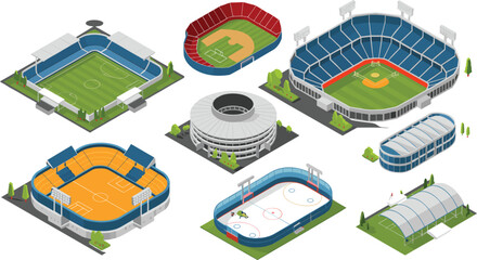 Isometric 3D sports stadium icon set with football, baseball, basketball, hockey, and arena buildings, modern architecture vector illustration © Mst Nurnehar Begum