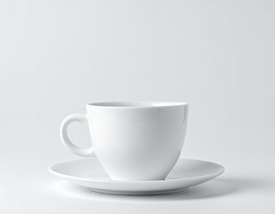 Simple, white ceramic cup and saucer on a bright, white background