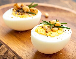 Halved eggs adorned with beans, herbs, and seasoning