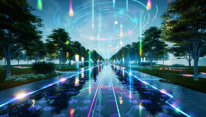 Futuristic urban park with holographic fountains.