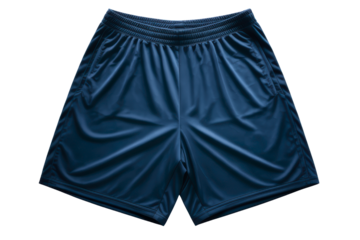 Dark blue sports shorts with an elastic waistband and pockets isolated with transparent background