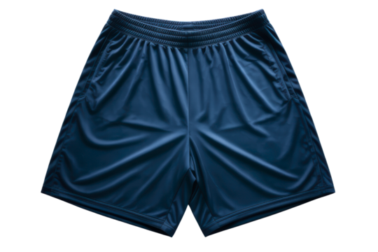Dark blue sports shorts with an elastic waistband and pockets isolated with transparent background