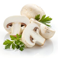 Premium White Mushroom Slices with Green Leaf on Pure White Background – Ultra High-Resolution Studio Photo