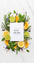Fresh citrus fruits herbs and flowers arranged around a white card