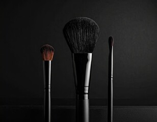 Three makeup brushes, dark background, studio lighting