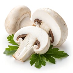 Premium White Mushroom Slices with Green Leaf on Pure White Background – Ultra High-Resolution Studio Photo
