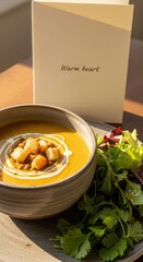 Delicious bowl of warm soup served with a side salad