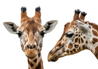 Fototapeta premium Two giraffe heads close up portrait, wildlife mammal animal, safari zoo, african fauna, giraffidae, tallest, herbivore, isolated on transparent background