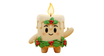 Festive candle character spreading holiday cheer with a cheerful smile and foliage