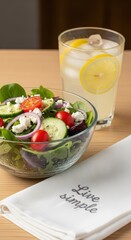 Fresh Salad With Lemonade on a Wooden Table