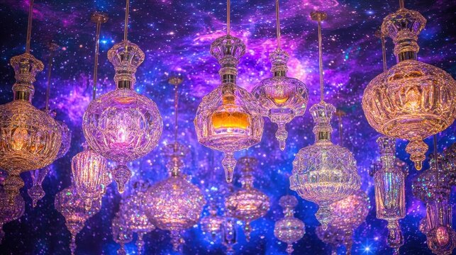 Crystal Perfume Bottles Suspended Against a Starry Background - Powered by Adobe