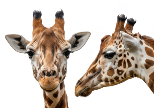 Two giraffe heads close up portrait, wildlife mammal animal, safari zoo, african fauna, giraffidae, tallest, herbivore, isolated on transparent background